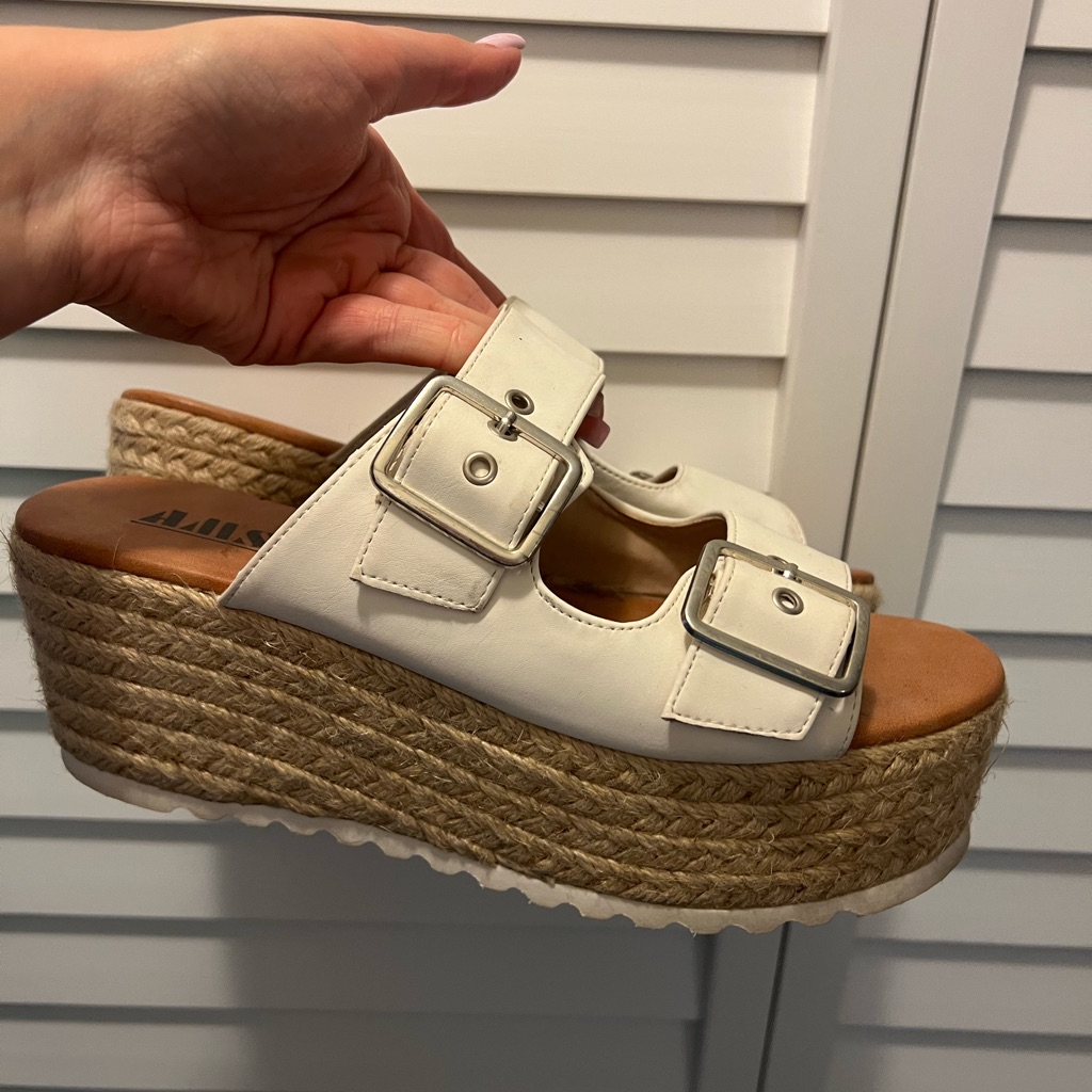 White And Tan Platform Sandals With Espadrille Wedge